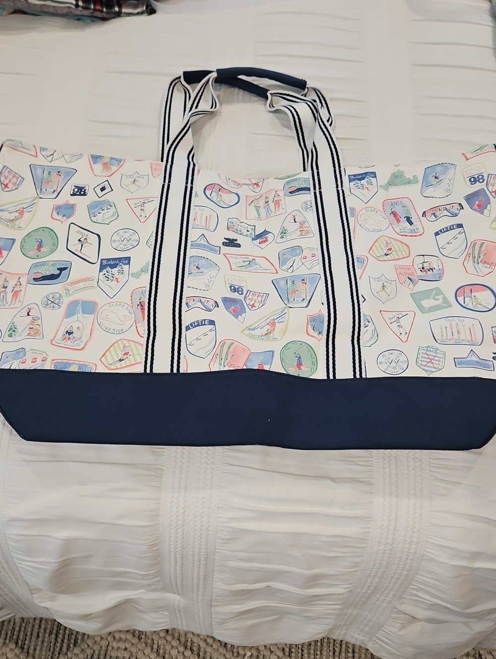 Vineyard Vines Multicolor Badge-Print Canvas Tote with Navy Trim